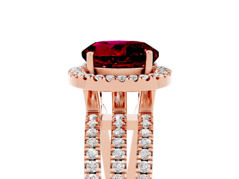 Rose gold {shape_name} Garnet Halo Engagement Ring with Split Shank and Four-Prong Setting_5