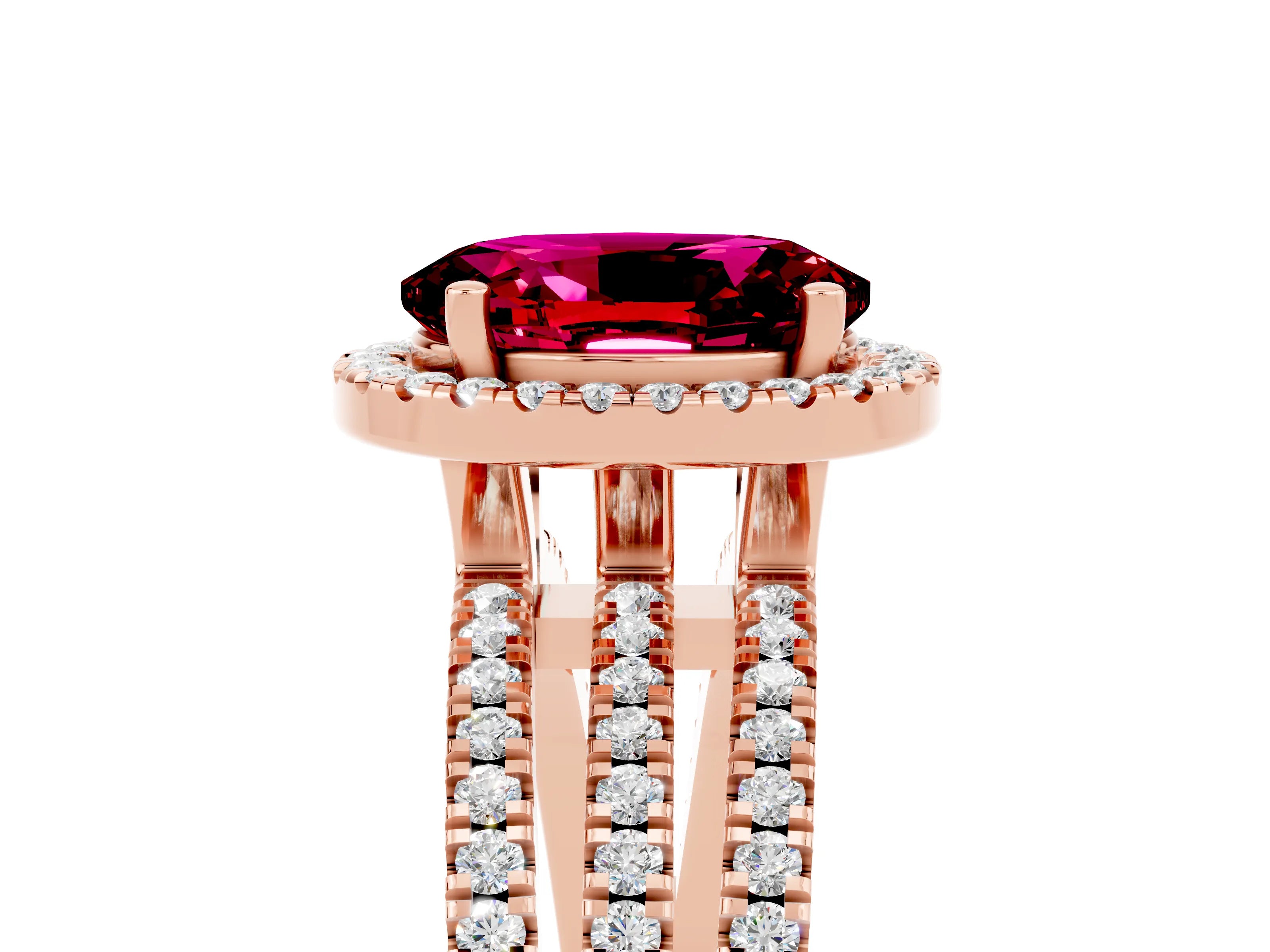 Rose gold {shape_name} Garnet Halo Engagement Ring with Split Shank and Four-Prong Setting_5
