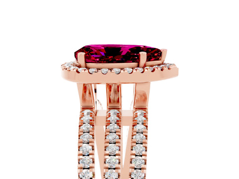 Rose gold {shape_name} Garnet Halo Engagement Ring with Split Shank and Four-Prong Setting_5