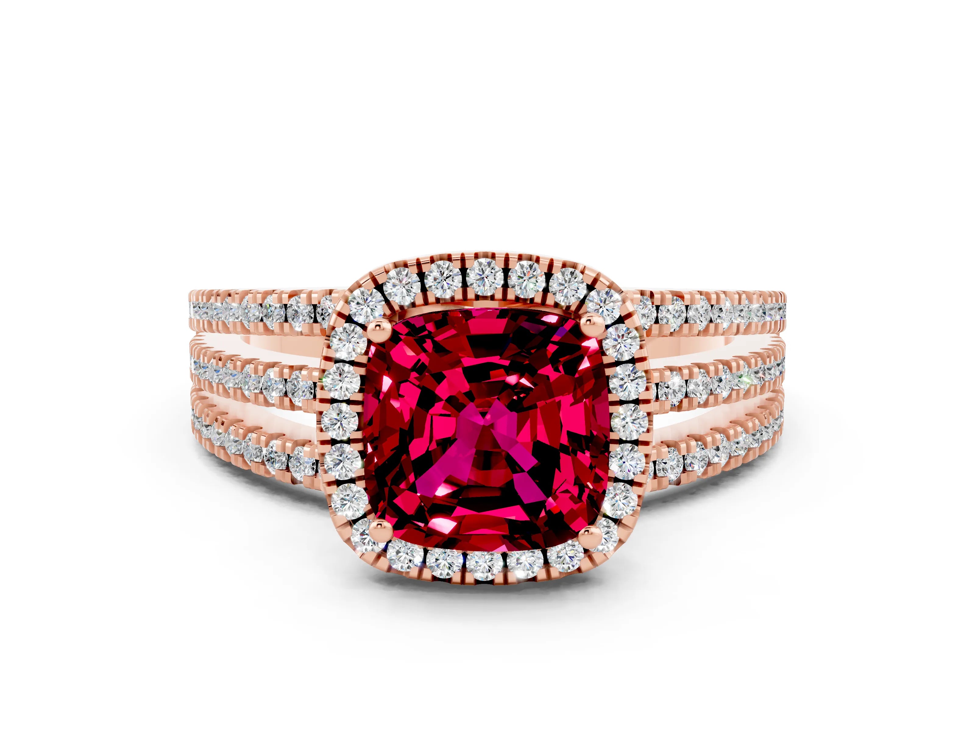 Rose gold {shape_name} Garnet Halo Engagement Ring with Split Shank and Four-Prong Setting
