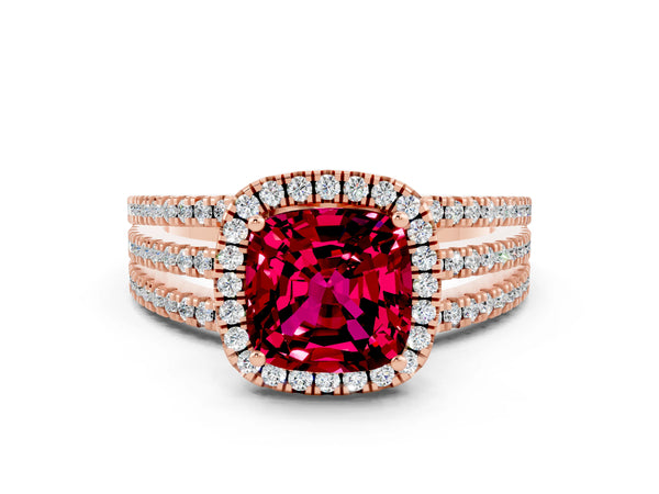 Rose gold Cushion Cut Garnet Halo Engagement Ring with Split Shank and Four-Prong Setting