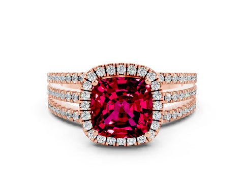 Rose gold {shape_name} Garnet Halo Engagement Ring with Split Shank and Four-Prong Setting