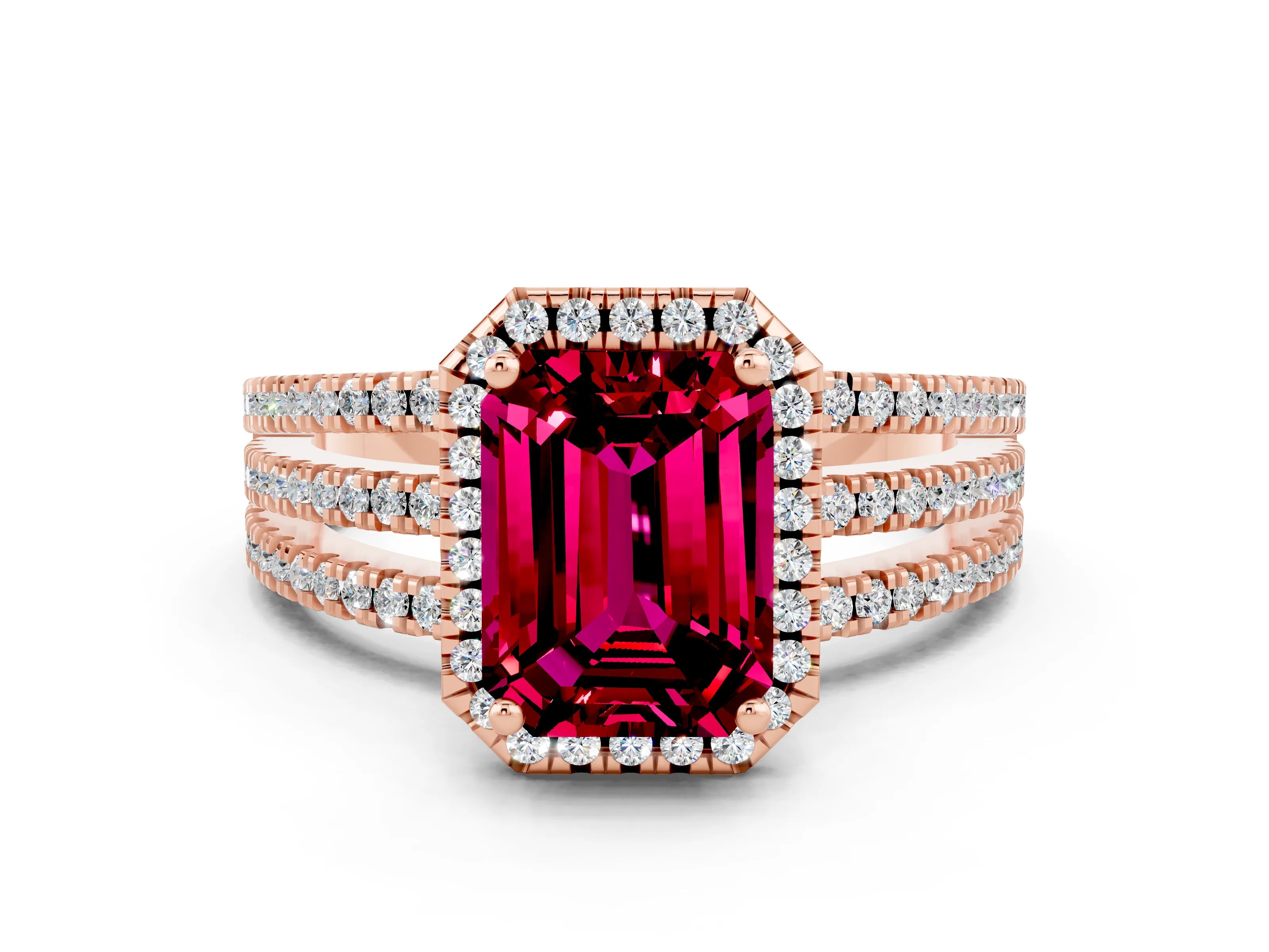 Rose gold {shape_name} Garnet Halo Engagement Ring with Split Shank and Four-Prong Setting