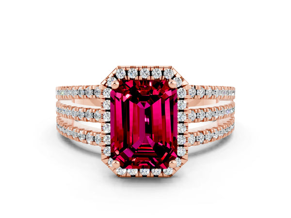 Rose gold Emerald Cut Garnet Halo Engagement Ring with Split Shank and Four-Prong Setting