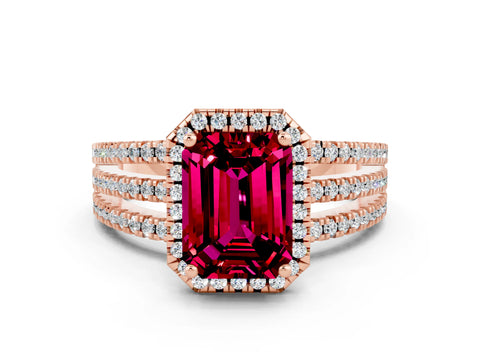 Rose gold {shape_name} Garnet Halo Engagement Ring with Split Shank and Four-Prong Setting
