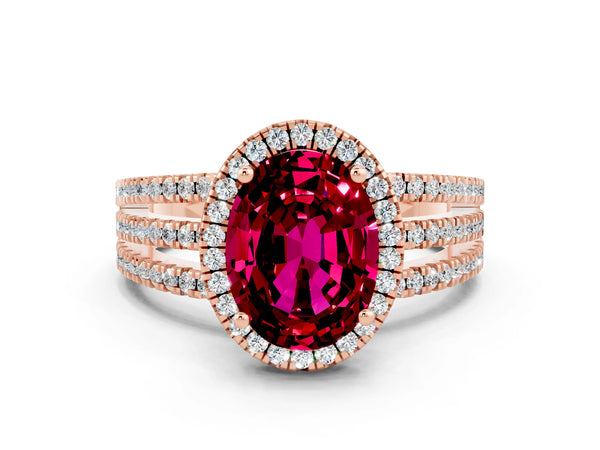 Rose gold Oval Cut Garnet Halo Engagement Ring with Split Shank and Four-Prong Setting