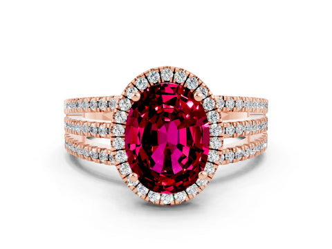 Rose gold {shape_name} Garnet Halo Engagement Ring with Split Shank and Four-Prong Setting