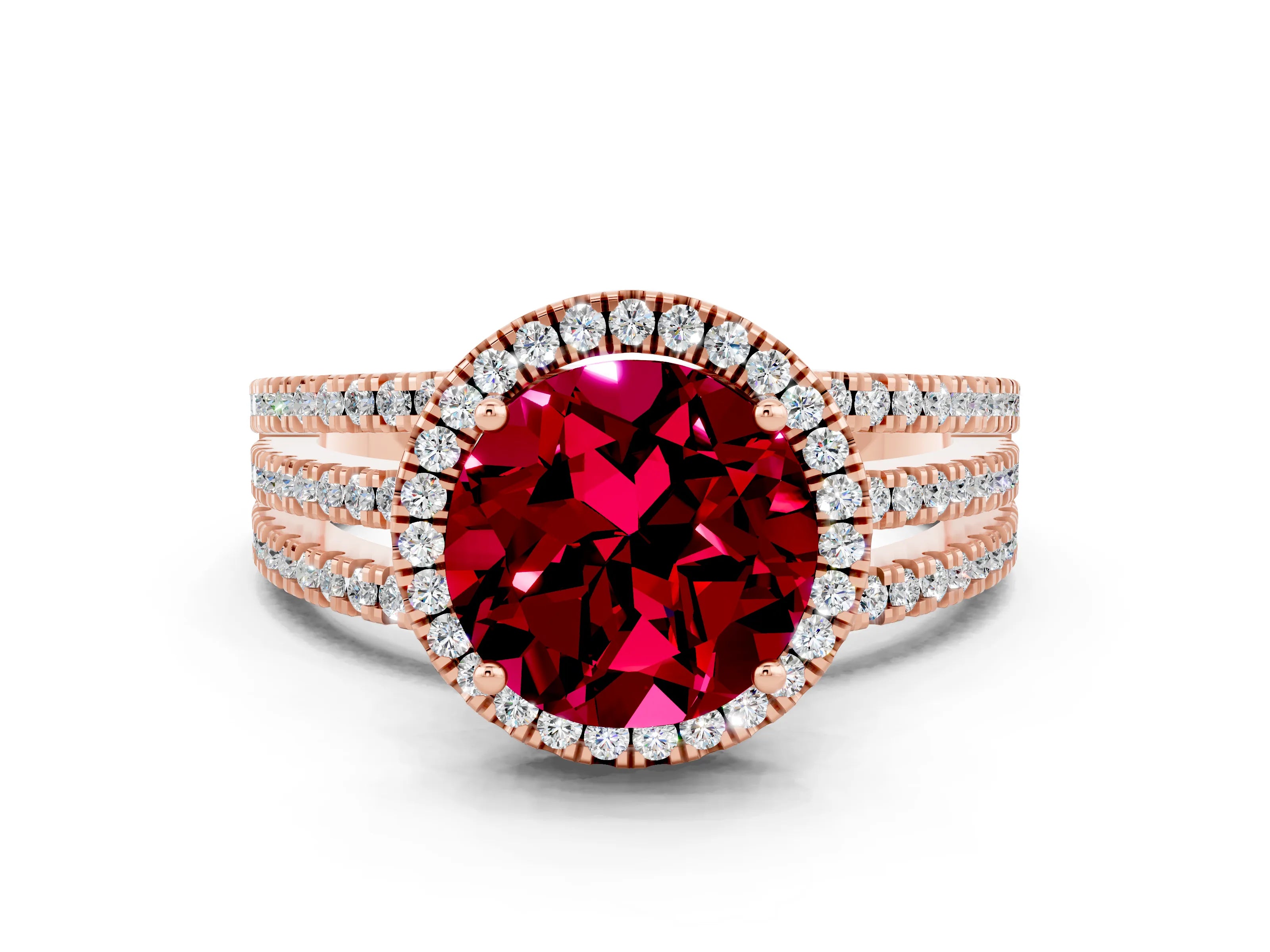 Rose gold {shape_name} Garnet Halo Engagement Ring with Split Shank and Four-Prong Setting