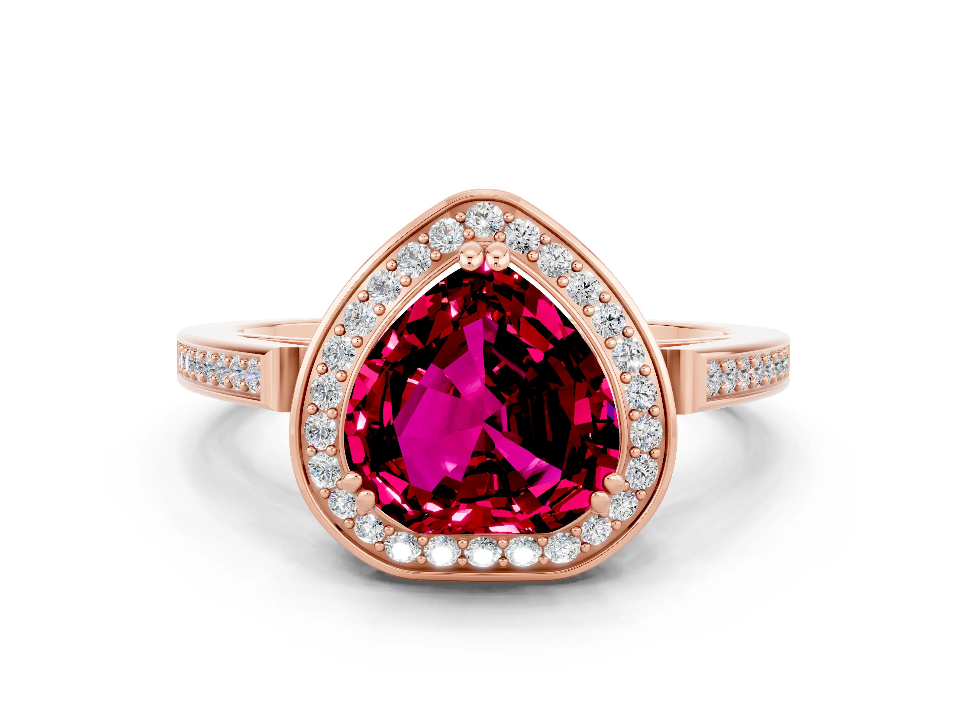 Rose gold {shape_name} Garnet Halo Ring with Split Shank and Four-Prong Setting