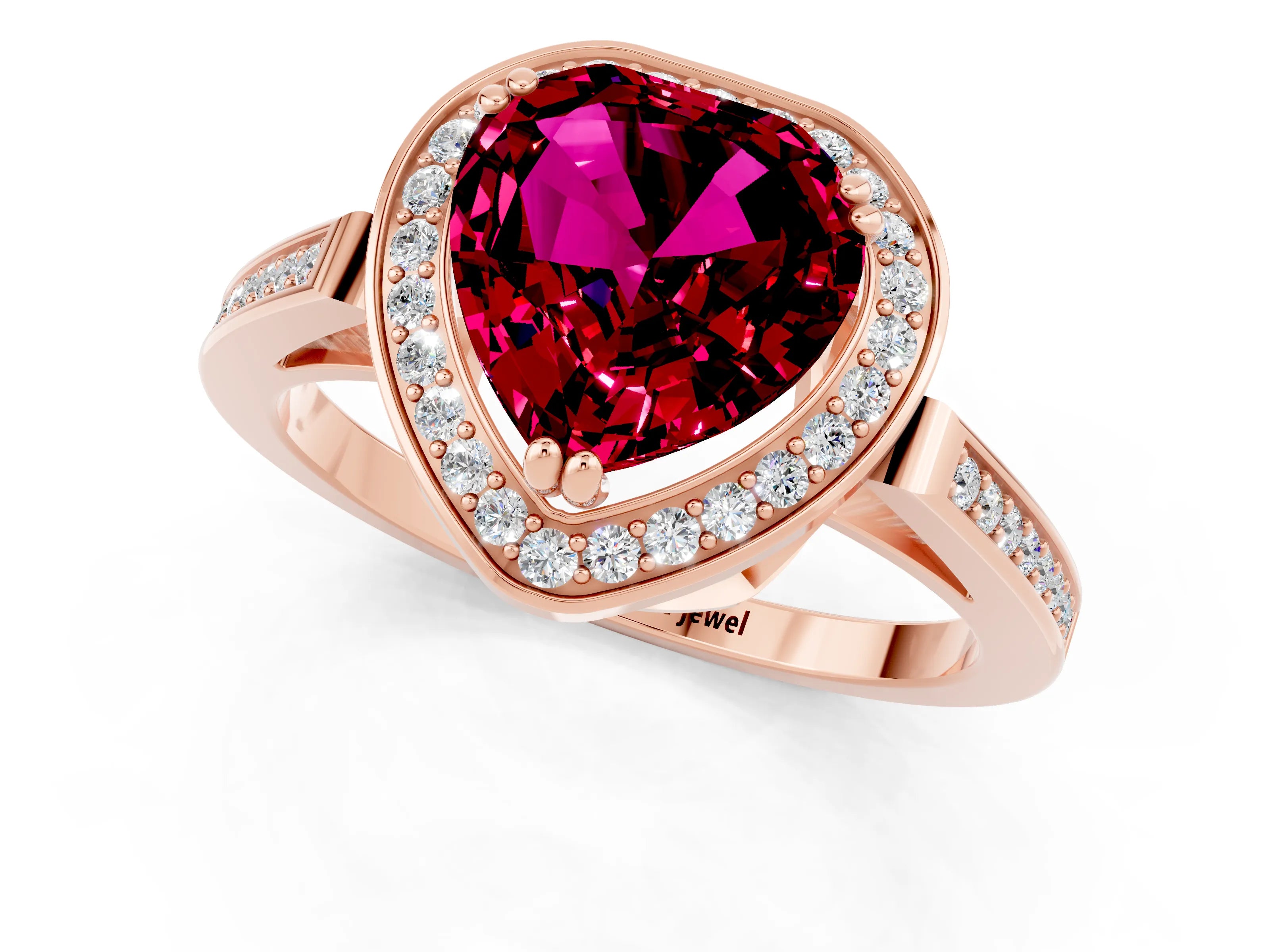 Rose gold {shape_name} Garnet Halo Ring with Split Shank and Four-Prong Setting_1