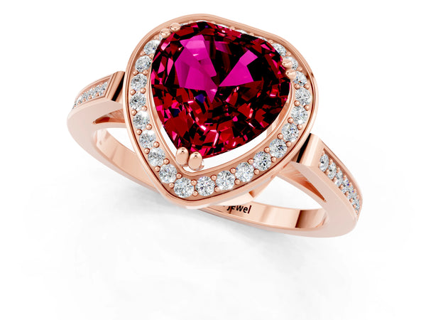 Rose gold Heart Cut Garnet Halo Ring with Split Shank and Four-Prong Setting