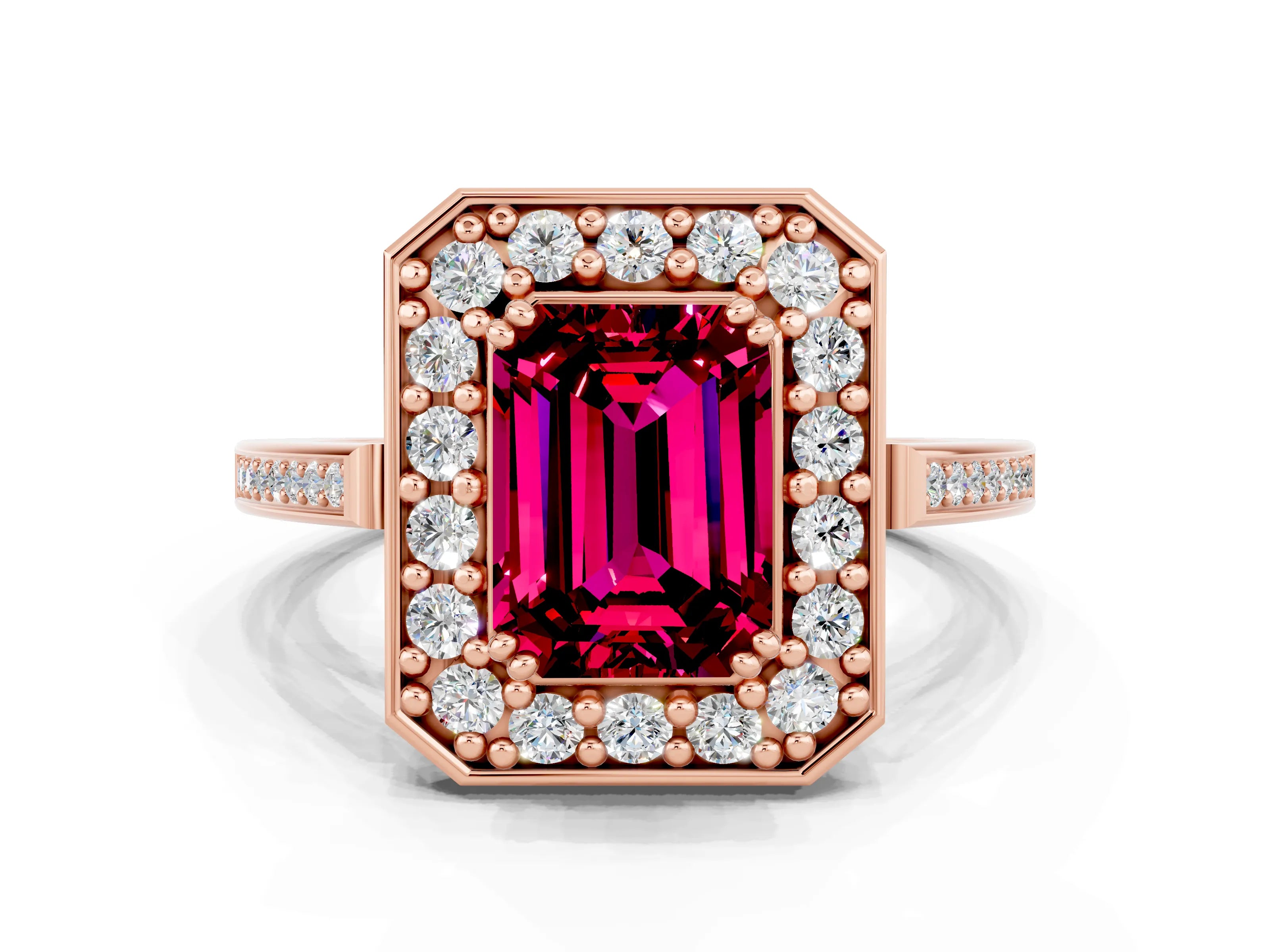 Rose gold {shape_name} Garnet Halo Ring with Split Shank and Four-Prong Setting