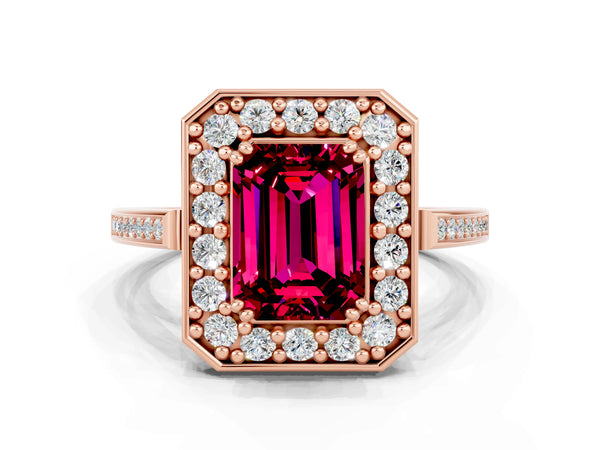 Rose gold Emerald Cut Garnet Halo Ring with Split Shank and Four-Prong Setting