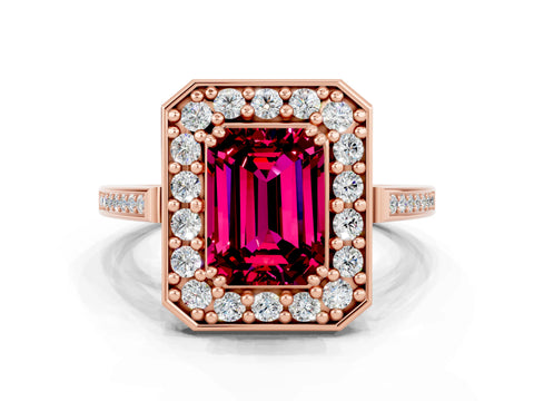 Rose gold {shape_name} Garnet Halo Ring with Split Shank and Four-Prong Setting