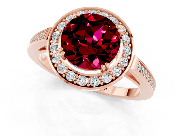 Rose gold Round Cut Garnet Halo Ring with Split Shank and Four-Prong Setting