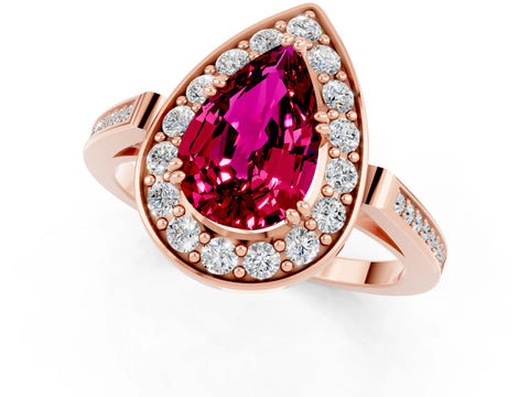 Rose gold {shape_name} Garnet Halo Ring with Split Shank and Four-Prong Setting_1