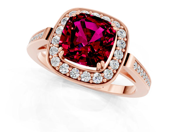 Rose gold Cushion Cut Garnet Halo Ring with Split Shank and Four-Prong Setting