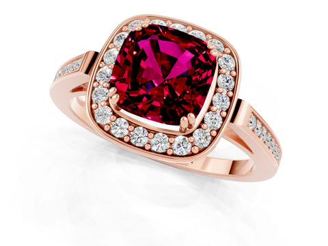 Rose gold {shape_name} Garnet Halo Ring with Split Shank and Four-Prong Setting_1