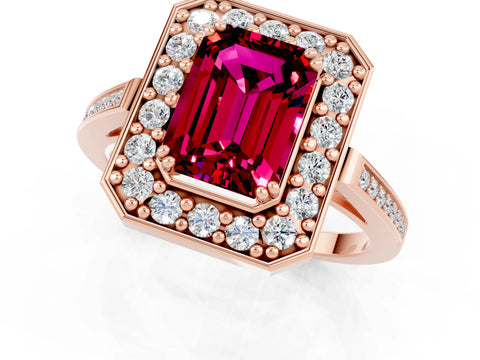 Rose gold {shape_name} Garnet Halo Ring with Split Shank and Four-Prong Setting_1