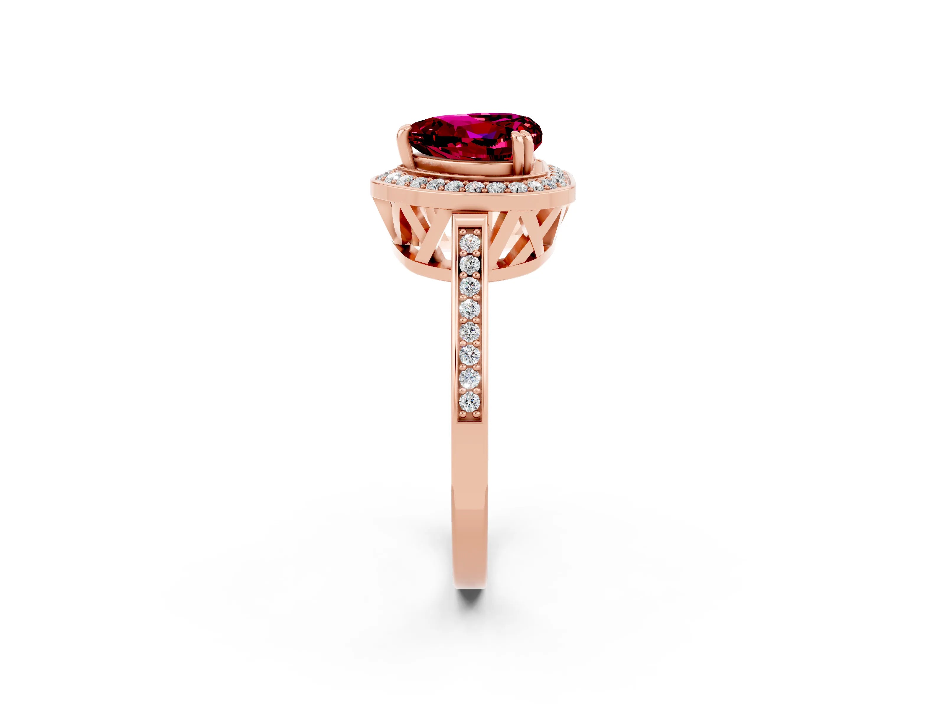 Rose gold {shape_name} Garnet Halo Ring with Split Shank and Four-Prong Setting_2