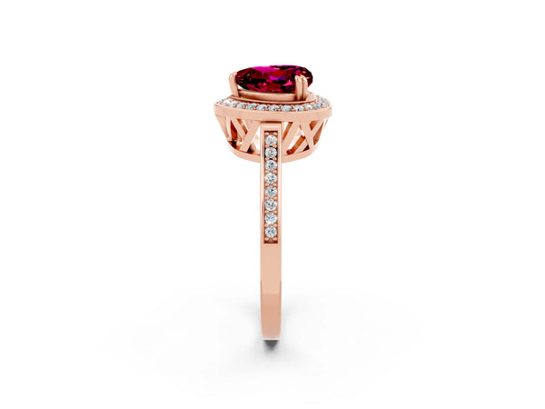 Rose gold Heart Cut Garnet Halo Ring with Split Shank and Four-Prong Setting
