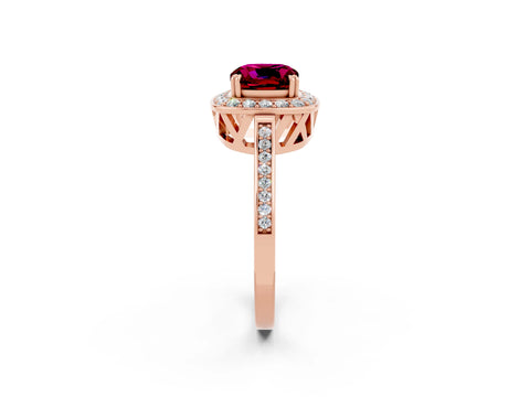 Rose gold {shape_name} Garnet Halo Ring with Split Shank and Four-Prong Setting_2