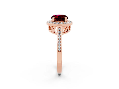 Rose gold {shape_name} Garnet Halo Ring with Split Shank and Four-Prong Setting_2