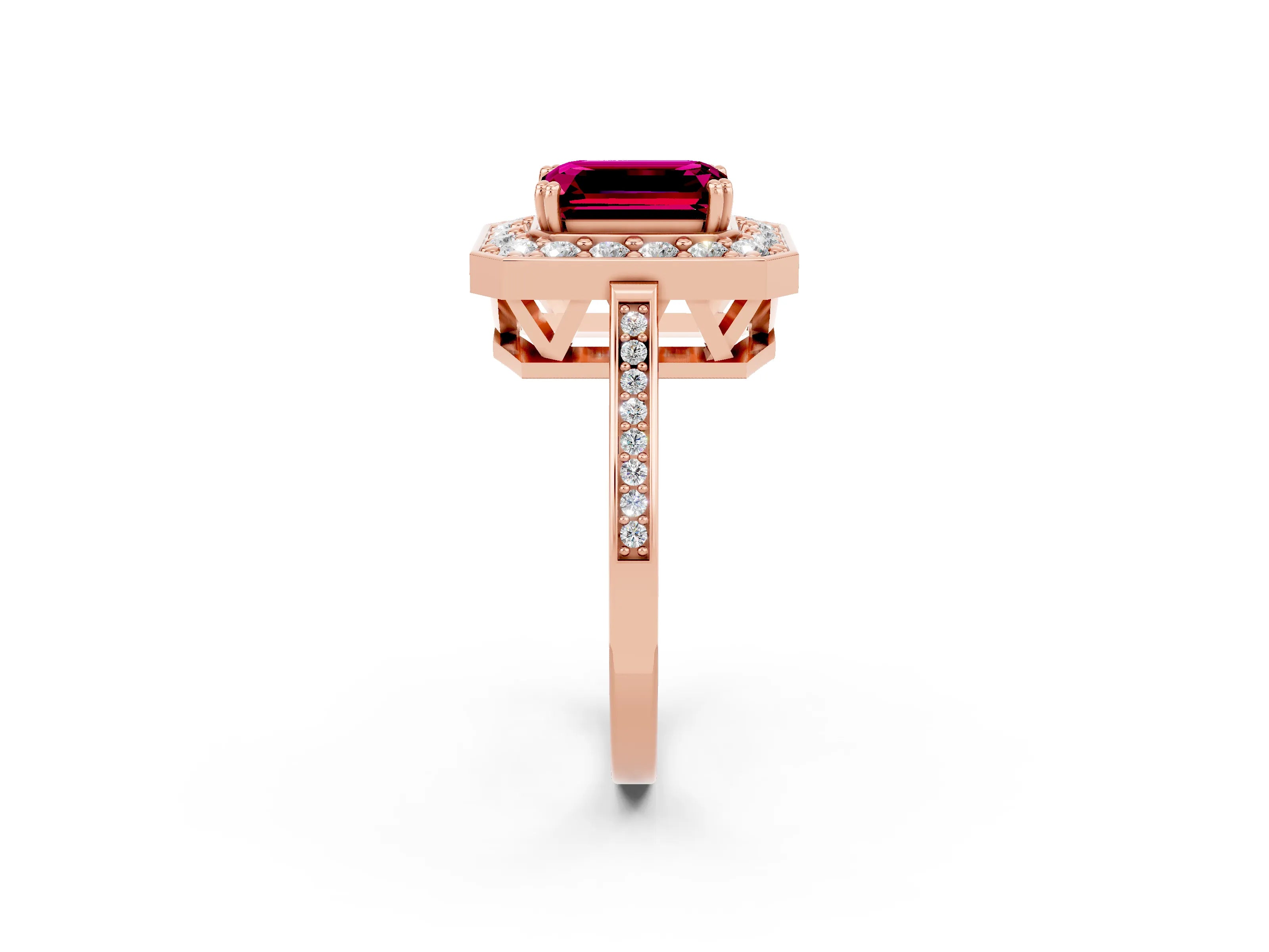 Rose gold {shape_name} Garnet Halo Ring with Split Shank and Four-Prong Setting_2