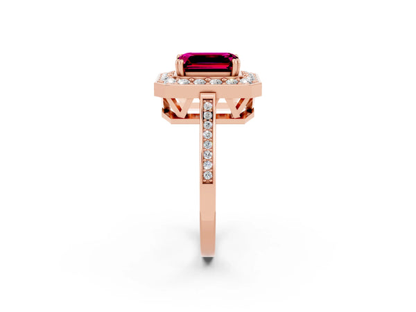 Rose gold Emerald Cut Garnet Halo Ring with Split Shank and Four-Prong Setting