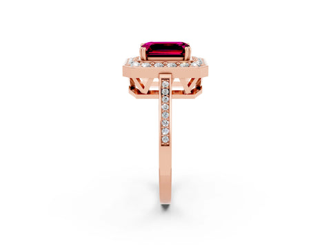 Rose gold {shape_name} Garnet Halo Ring with Split Shank and Four-Prong Setting_2