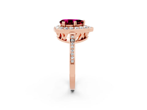 Rose gold {shape_name} Garnet Halo Ring with Split Shank and Four-Prong Setting_2