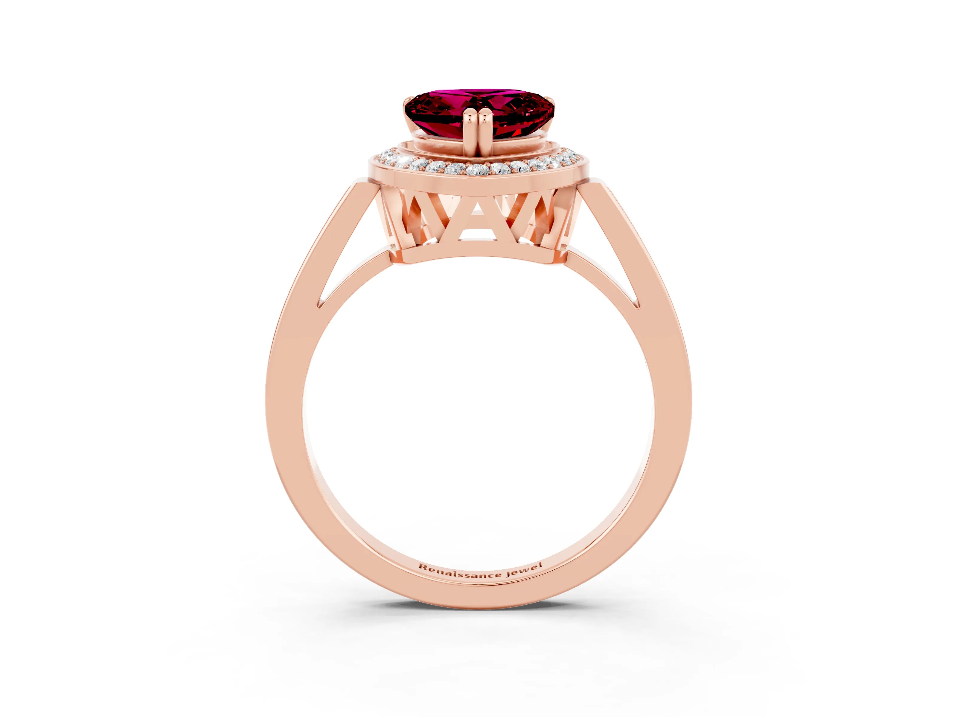Rose gold {shape_name} Garnet Halo Ring with Split Shank and Four-Prong Setting_3