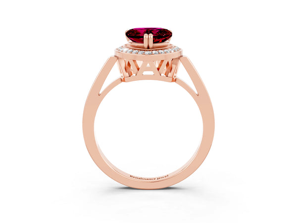 Rose gold Heart Cut Garnet Halo Ring with Split Shank and Four-Prong Setting