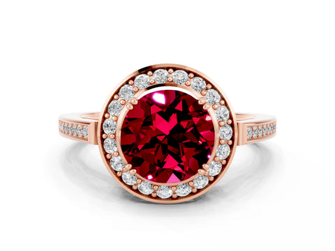 Rose gold {shape_name} Garnet Halo Ring with Split Shank and Four-Prong Setting