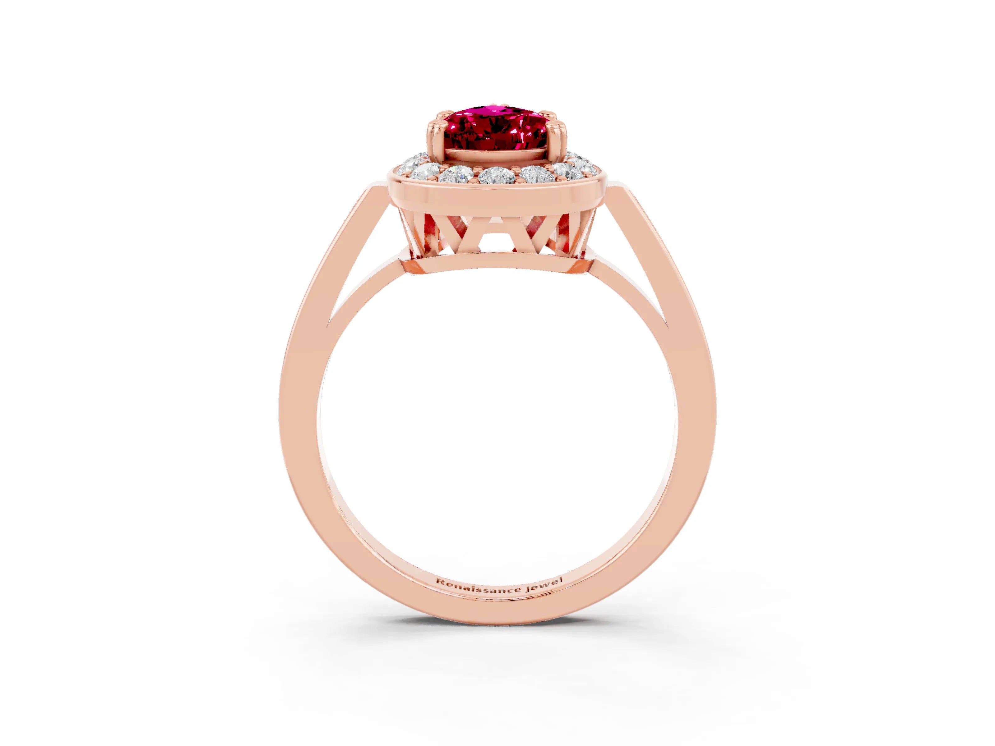 Rose gold {shape_name} Garnet Halo Ring with Split Shank and Four-Prong Setting_3