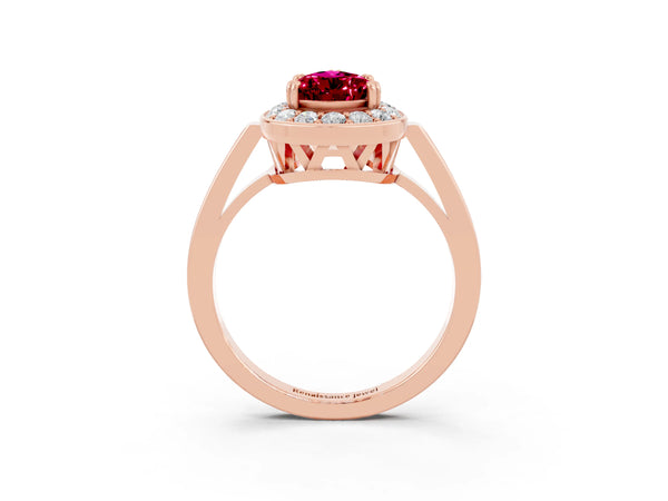 Rose gold Pear Cut Garnet Halo Ring with Split Shank and Four-Prong Setting