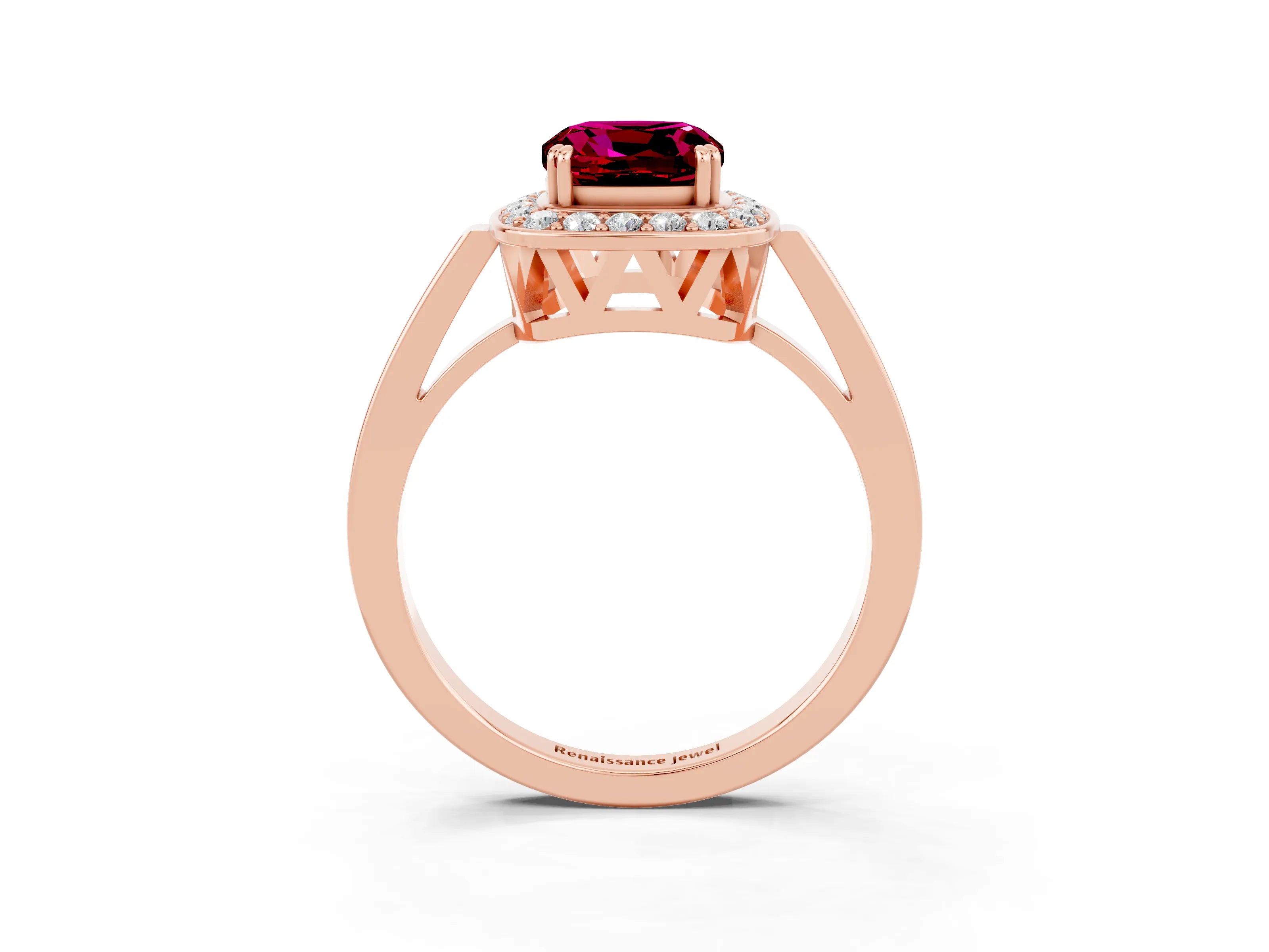 Rose gold {shape_name} Garnet Halo Ring with Split Shank and Four-Prong Setting_3