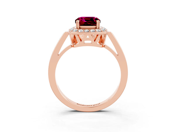 Rose gold Cushion Cut Garnet Halo Ring with Split Shank and Four-Prong Setting