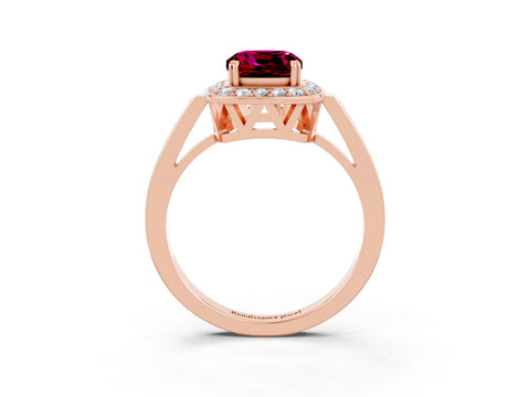Rose gold {shape_name} Garnet Halo Ring with Split Shank and Four-Prong Setting_3