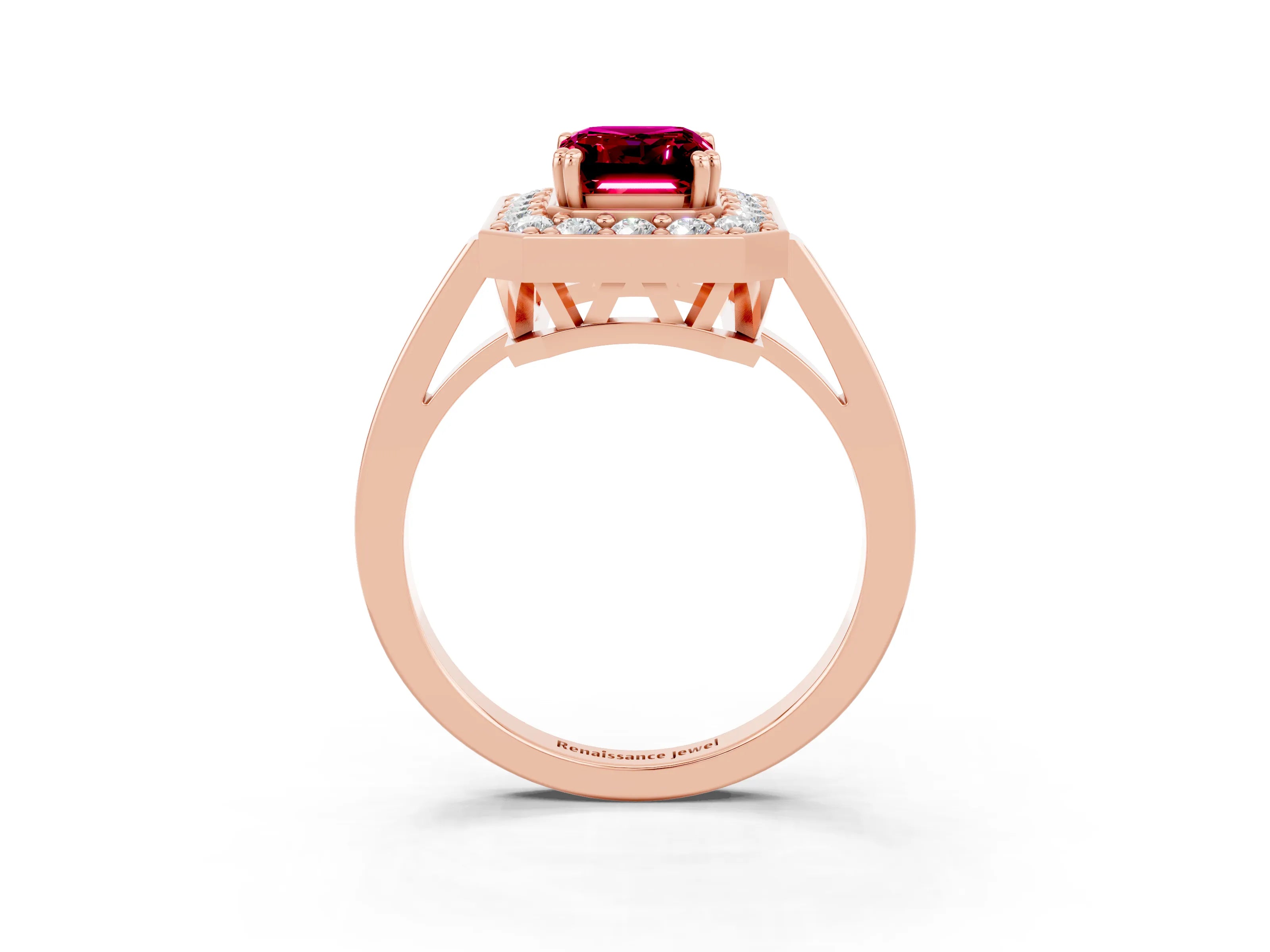 Rose gold {shape_name} Garnet Halo Ring with Split Shank and Four-Prong Setting_3