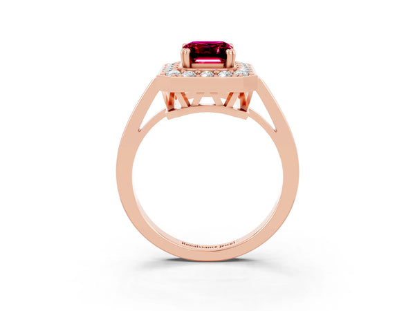 Rose gold Emerald Cut Garnet Halo Ring with Split Shank and Four-Prong Setting