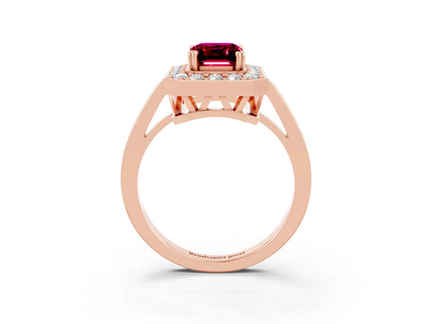Rose gold {shape_name} Garnet Halo Ring with Split Shank and Four-Prong Setting_3