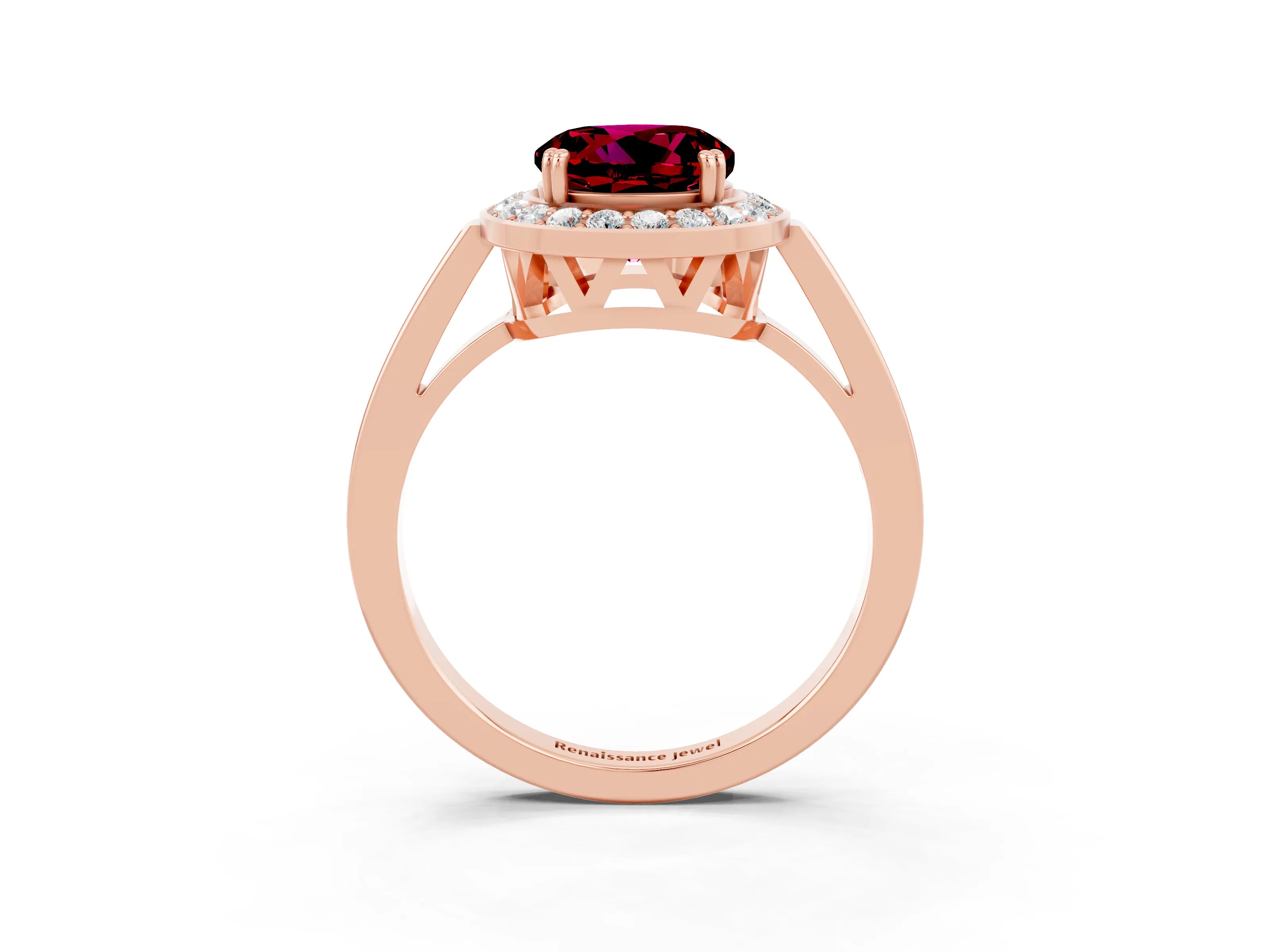 Rose gold {shape_name} Garnet Halo Ring with Split Shank and Four-Prong Setting_3