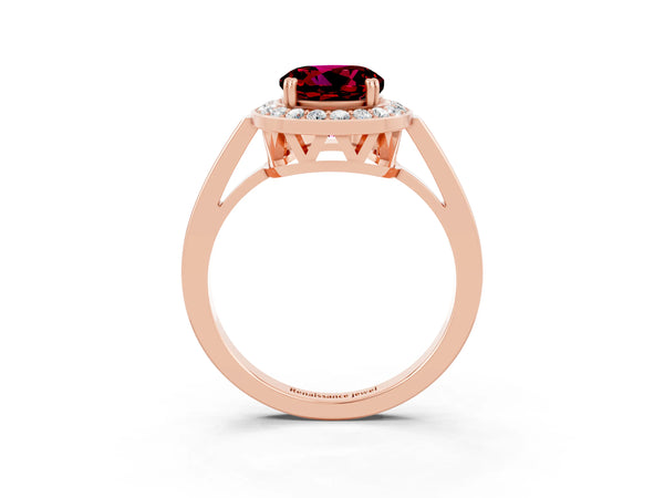 Rose gold Round Cut Garnet Halo Ring with Split Shank and Four-Prong Setting