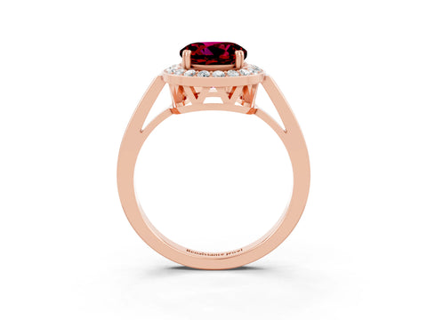 Rose gold {shape_name} Garnet Halo Ring with Split Shank and Four-Prong Setting_3