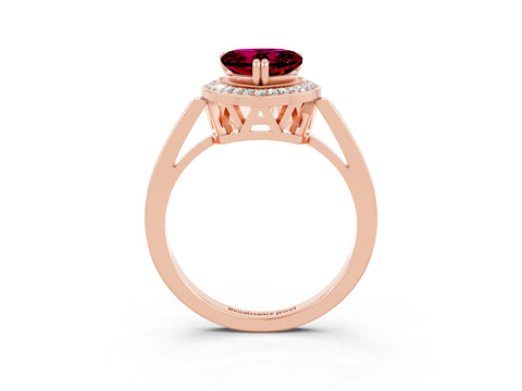 Rose gold {shape_name} Garnet Halo Ring with Split Shank and Four-Prong Setting_3