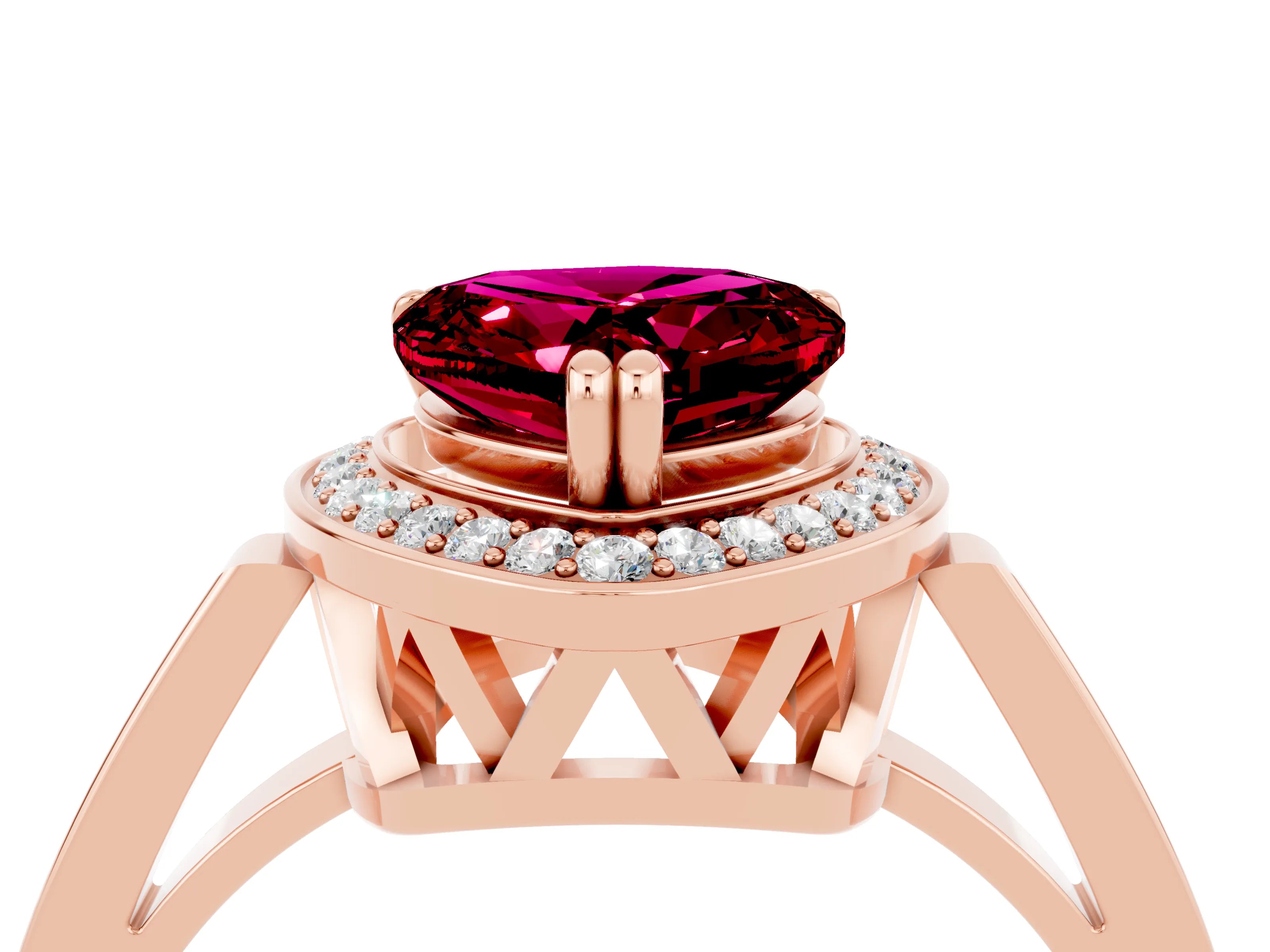 Rose gold {shape_name} Garnet Halo Ring with Split Shank and Four-Prong Setting_4
