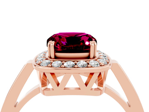 Rose gold {shape_name} Garnet Halo Ring with Split Shank and Four-Prong Setting_4