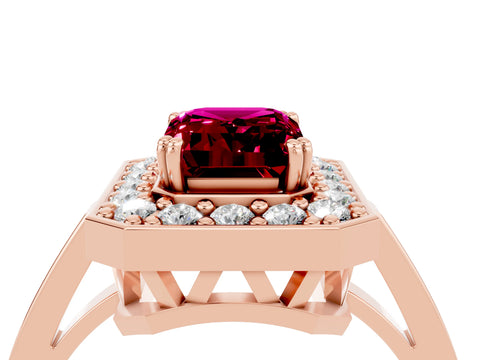 Rose gold {shape_name} Garnet Halo Ring with Split Shank and Four-Prong Setting_4