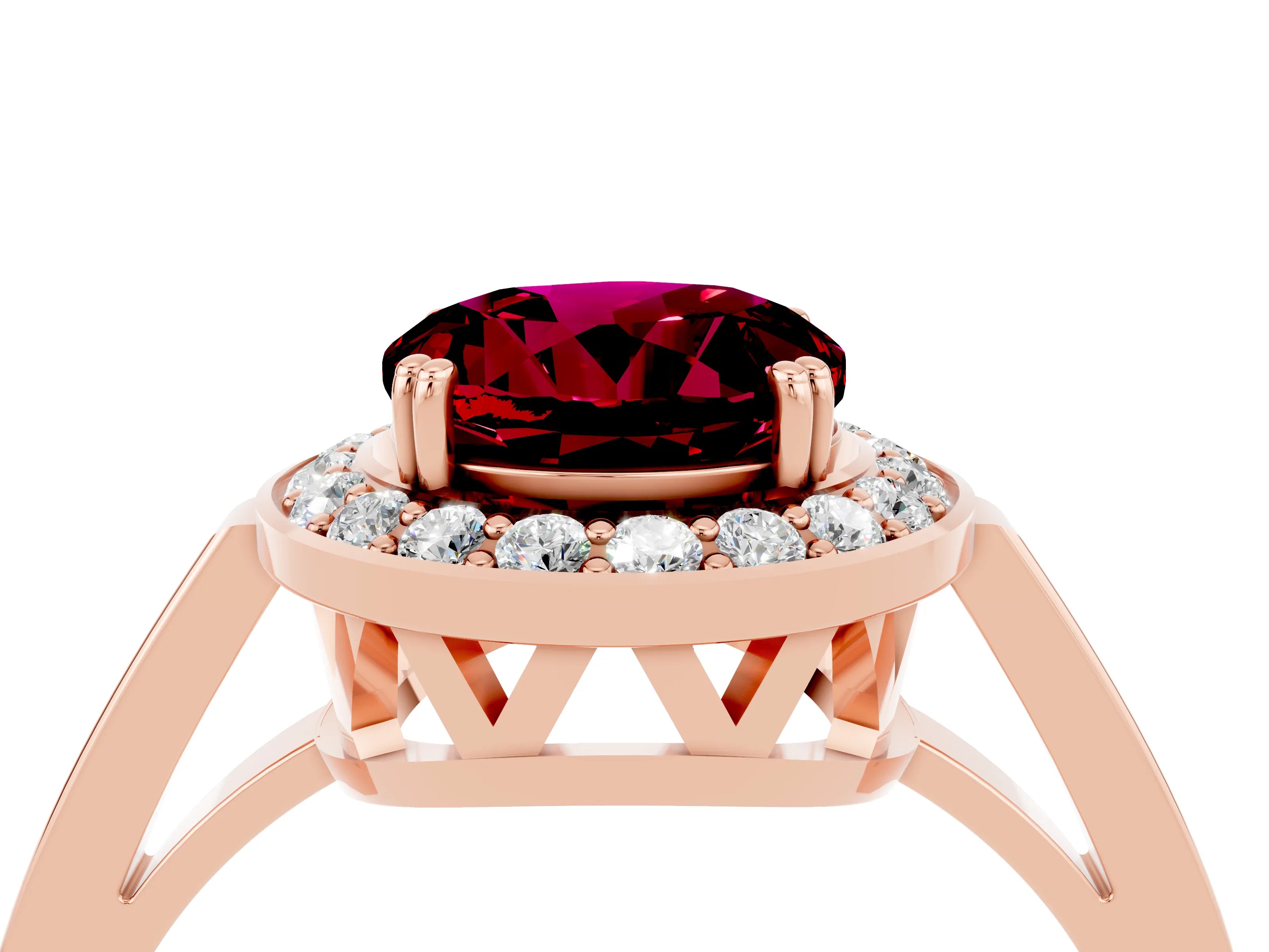 Rose gold {shape_name} Garnet Halo Ring with Split Shank and Four-Prong Setting_4